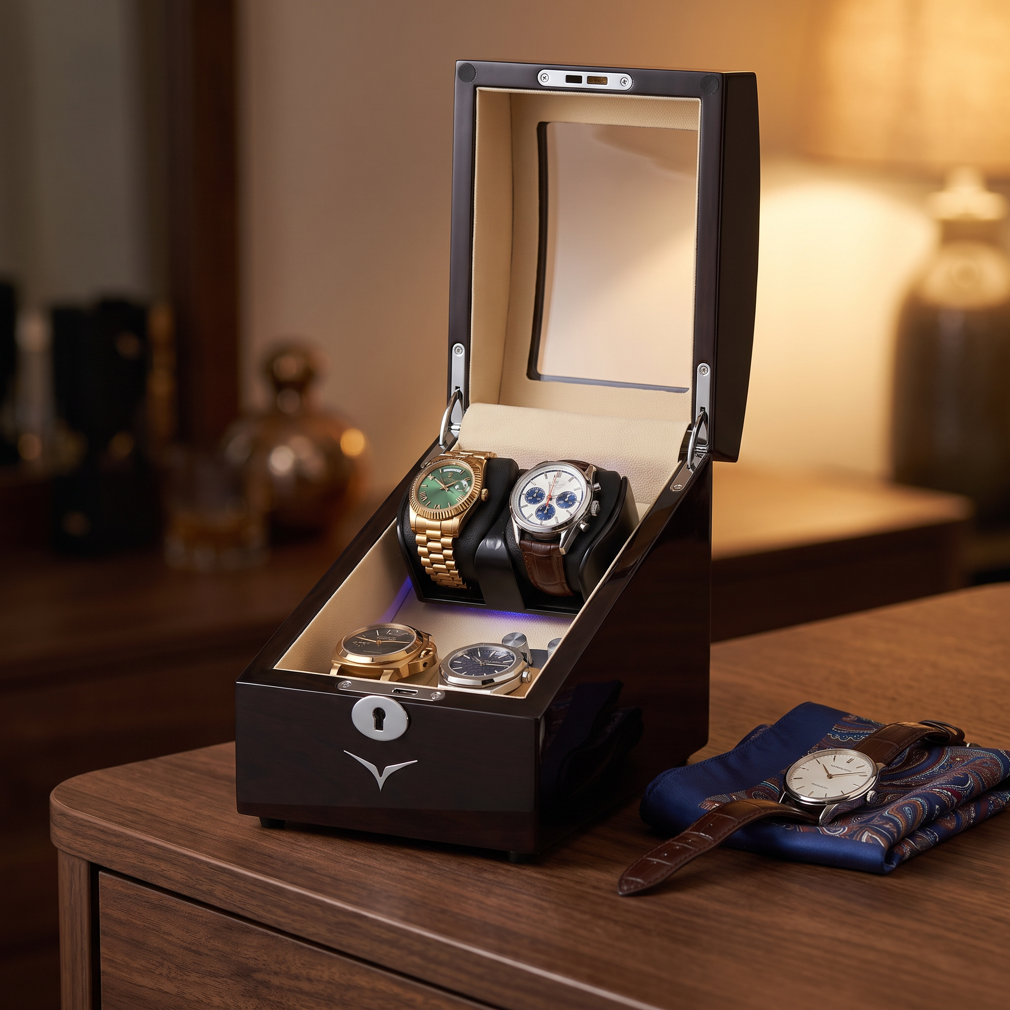 Avoca Watch Winder Box for 2 + 2 Watches in Mahogany — lifestyle shot