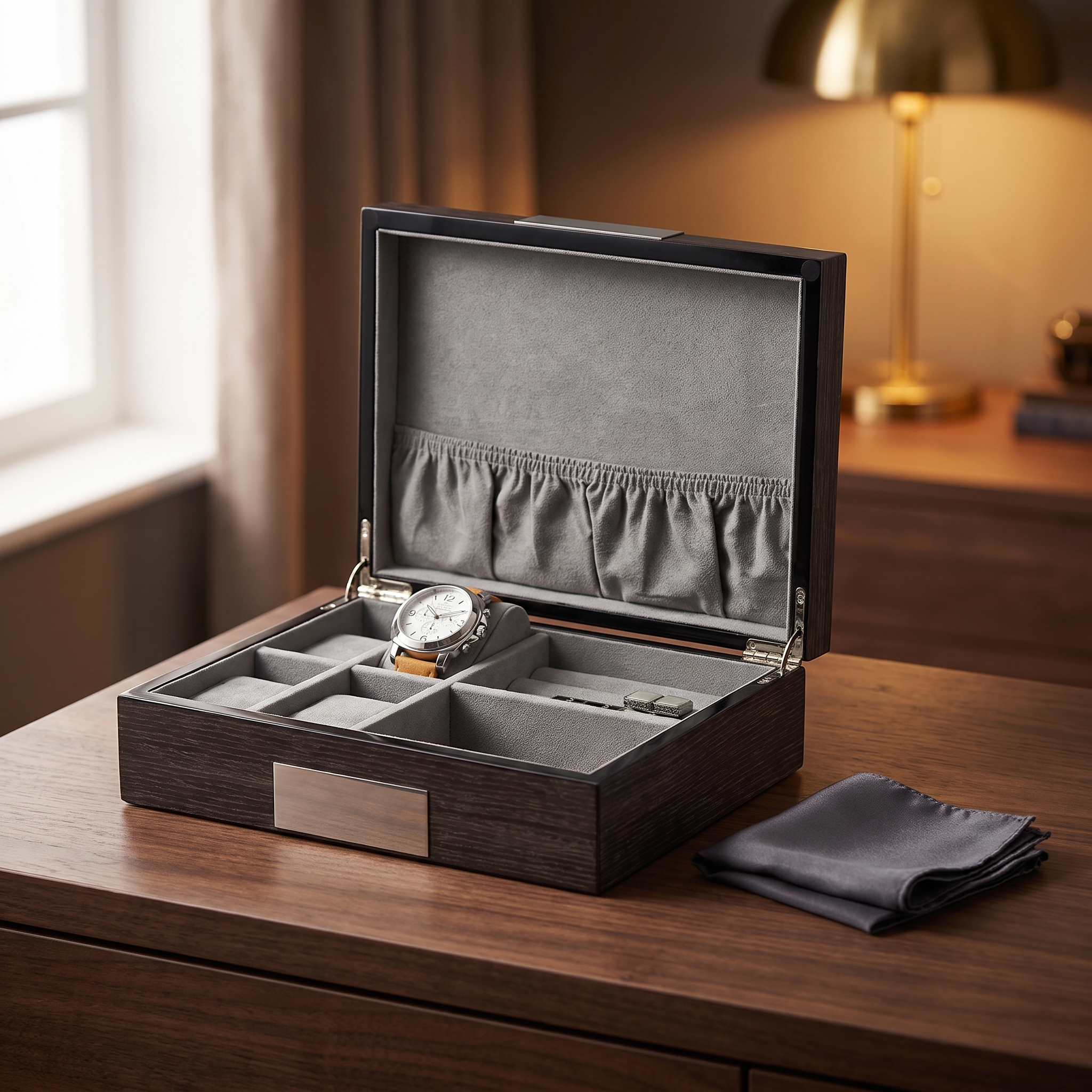 Wenge Wooden Cufflink Watch Box — lifestyle shot