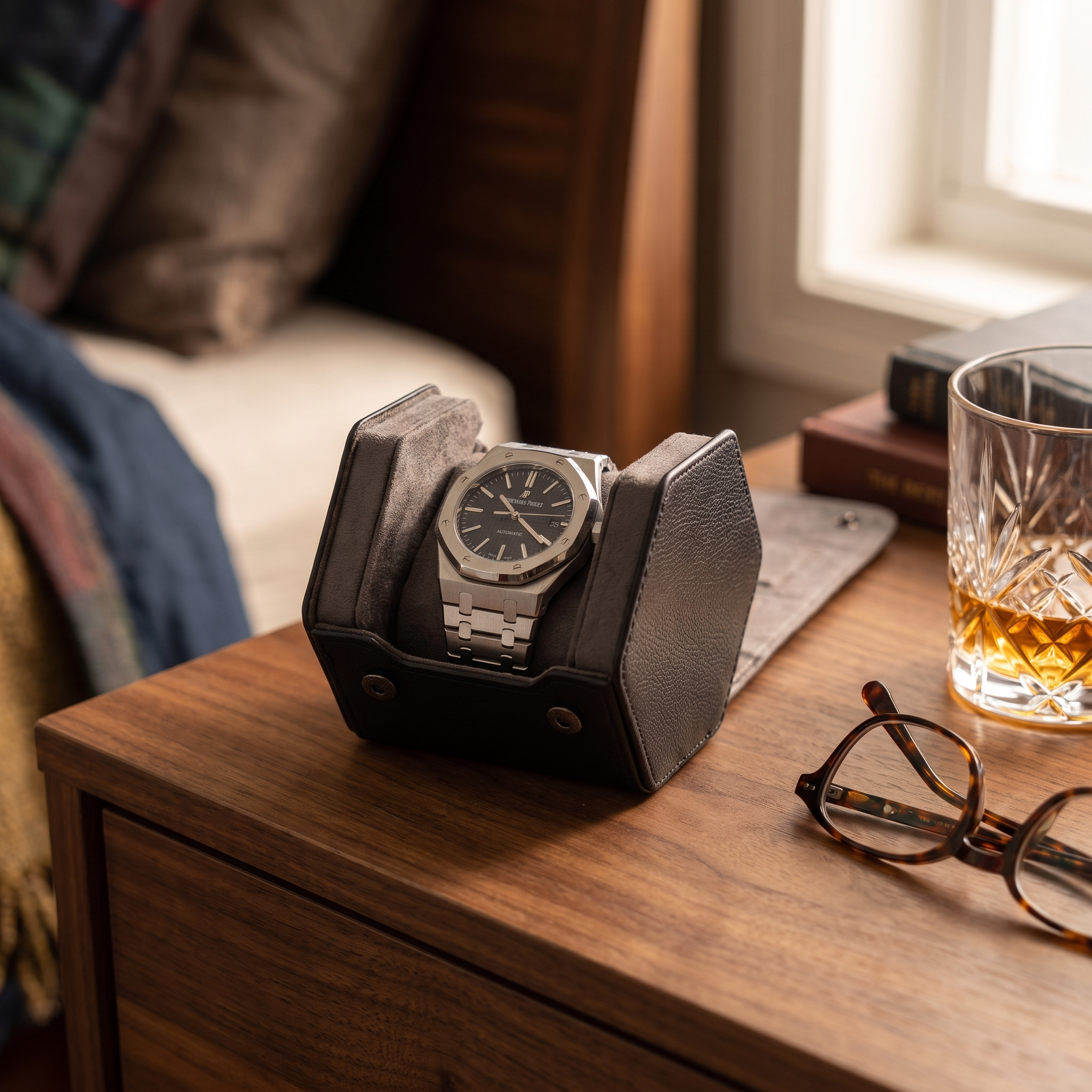 Hex Leather Watch Roll 1 Slot in Black/Charcoal — lifestyle shot
