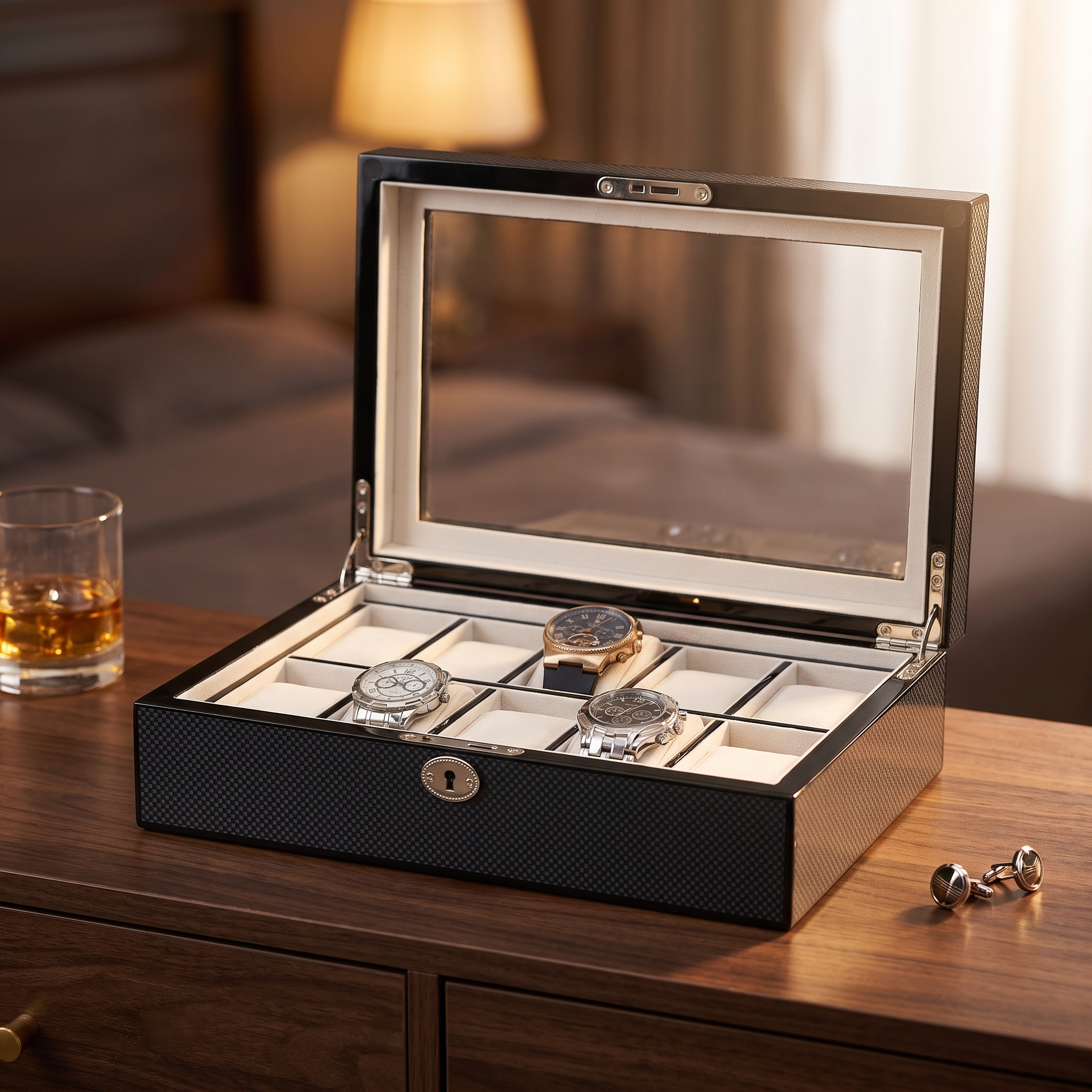 Carbon Fibre Wooden Watch Box for 10 Watches — lifestyle shot