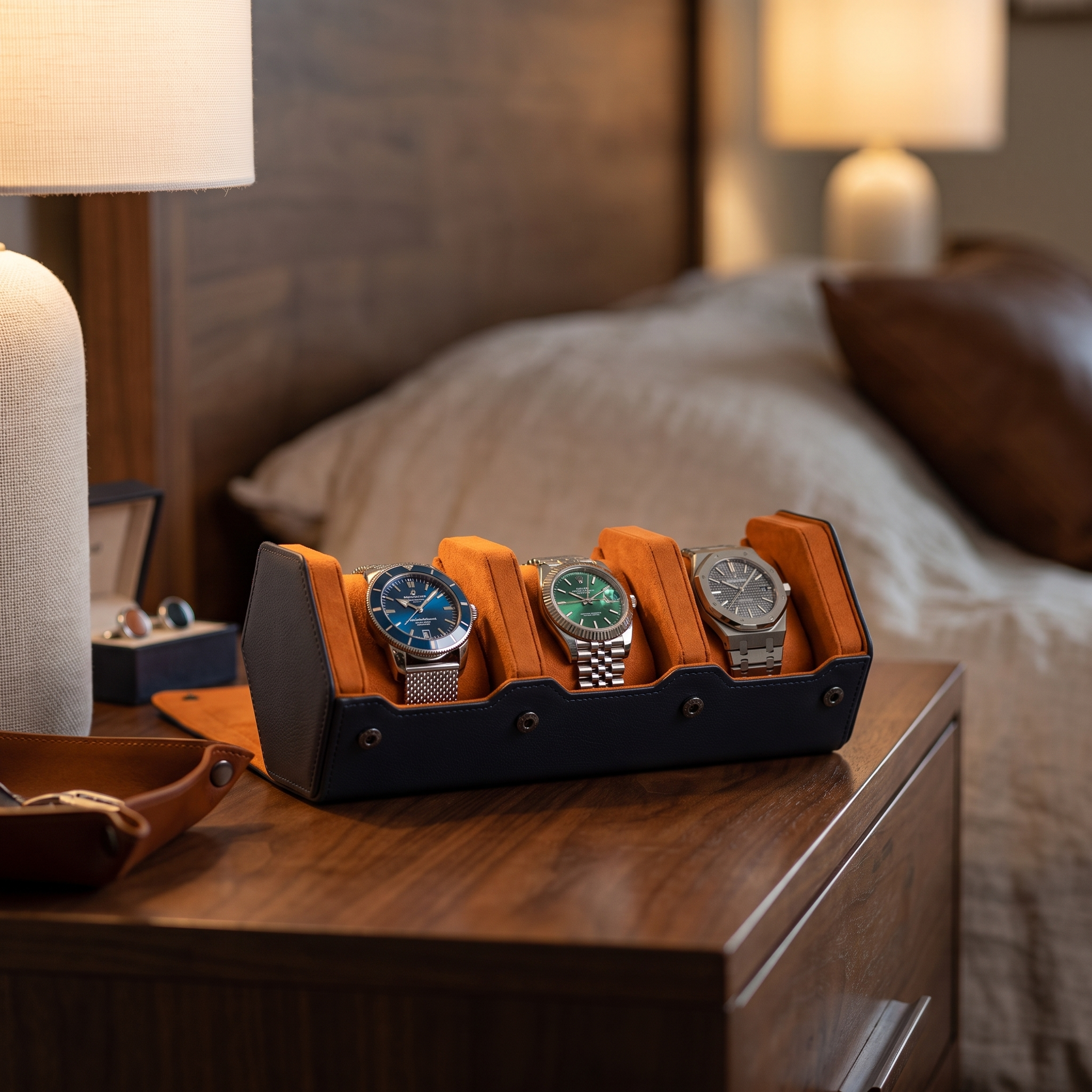 Hex Leather Watch Roll 3 Slots in Navy/Orange — lifestyle shot
