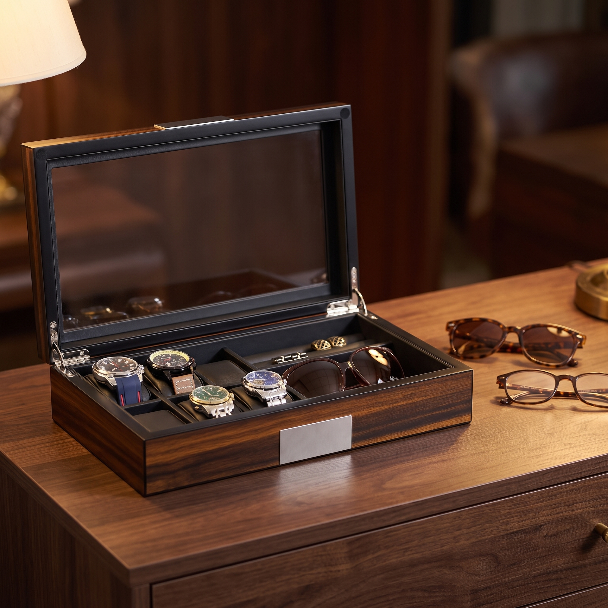 6 Slots Watch Box with Cufflinks and Sunglasses Storage in Ebony Wood — lifestyle shot