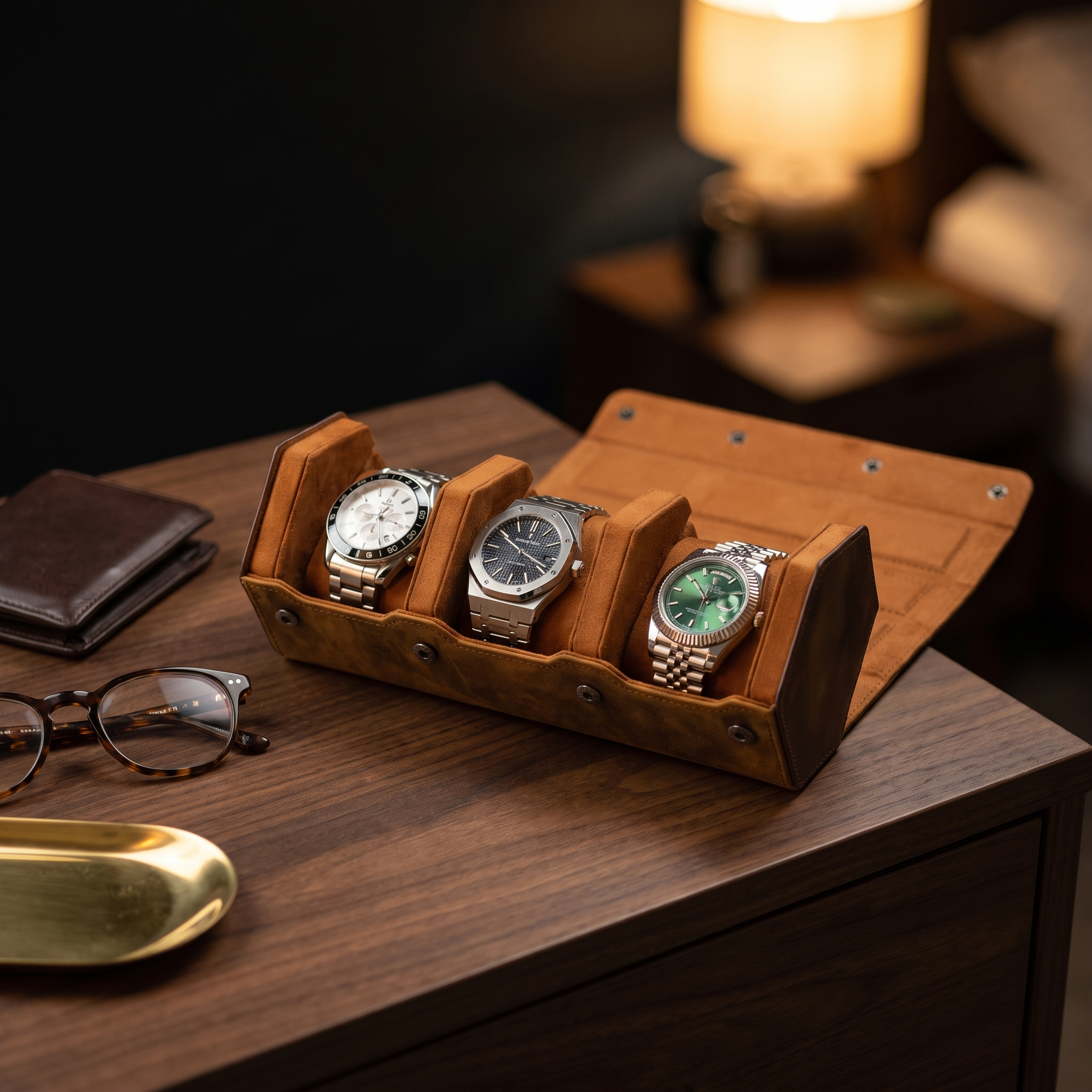 Hex Leather Watch Roll 3 Slots in Saddle Leather/Brown — lifestyle shot