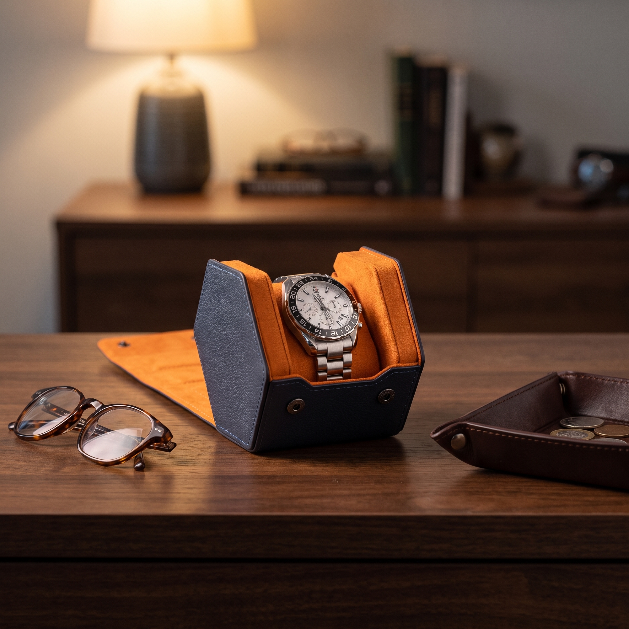 Hex Leather Watch Roll 1 Slot in Navy/Orange — lifestyle shot