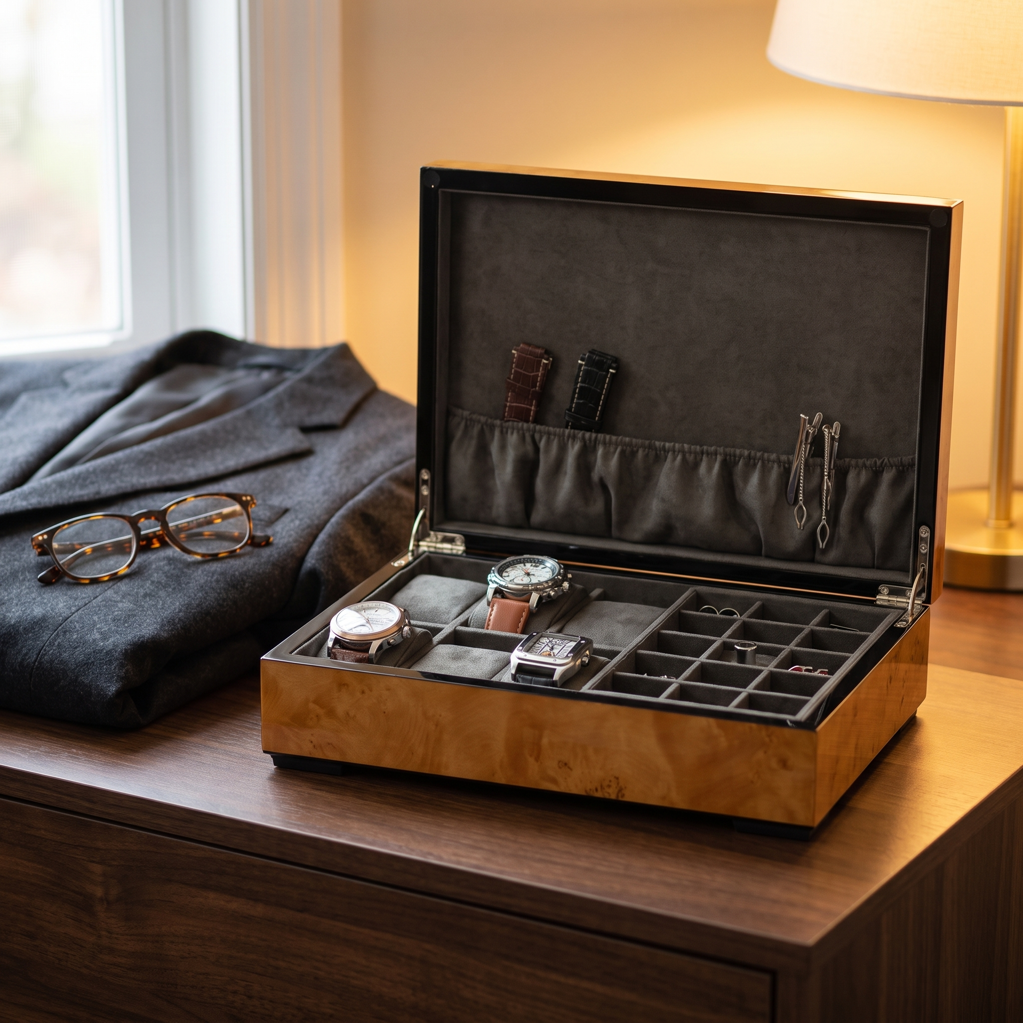 World Map Burl Wooden Watch Box for 6 Watches + Jewellery — lifestyle shot