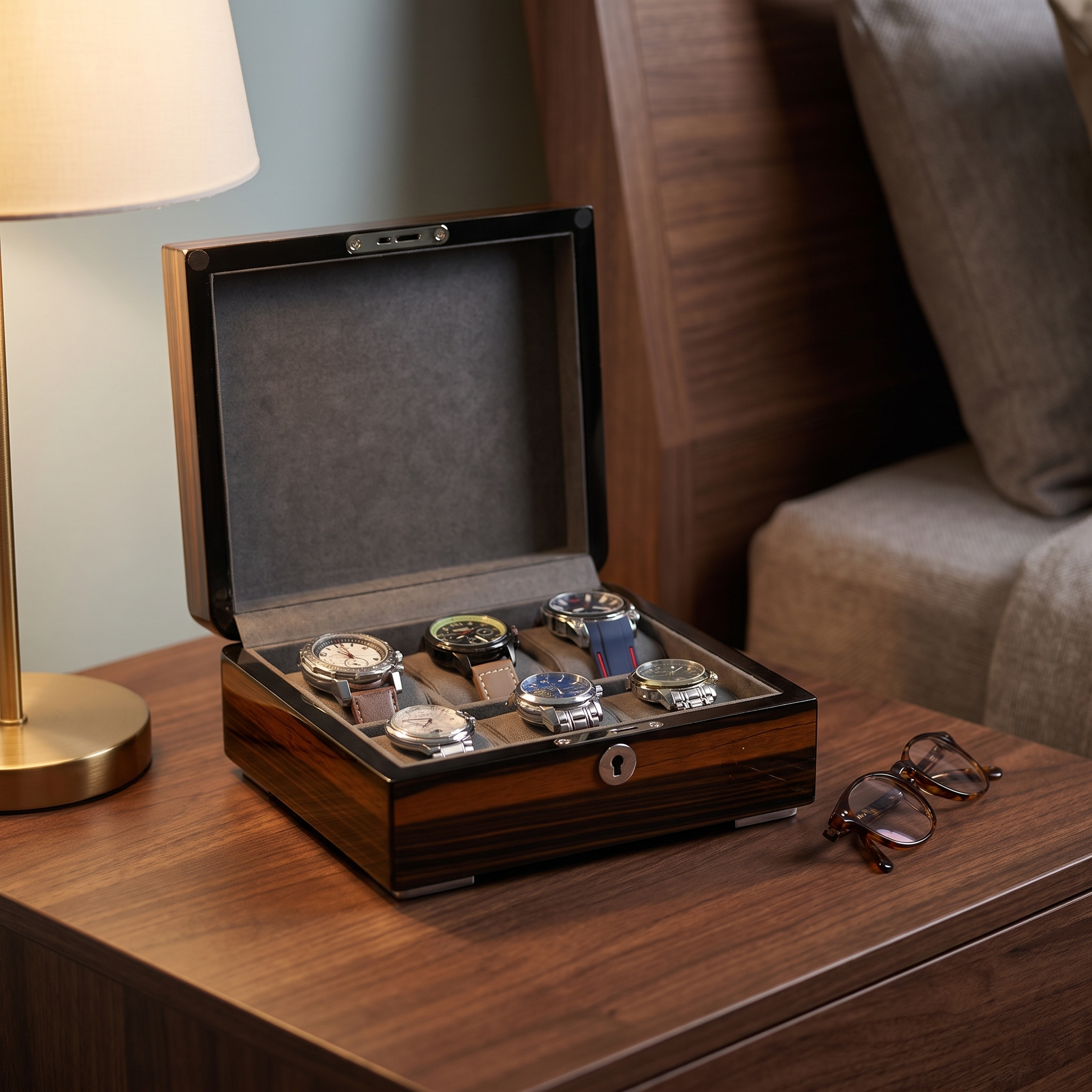 6 Slots Watch Box with Lock in Wooden Ebony — lifestyle shot