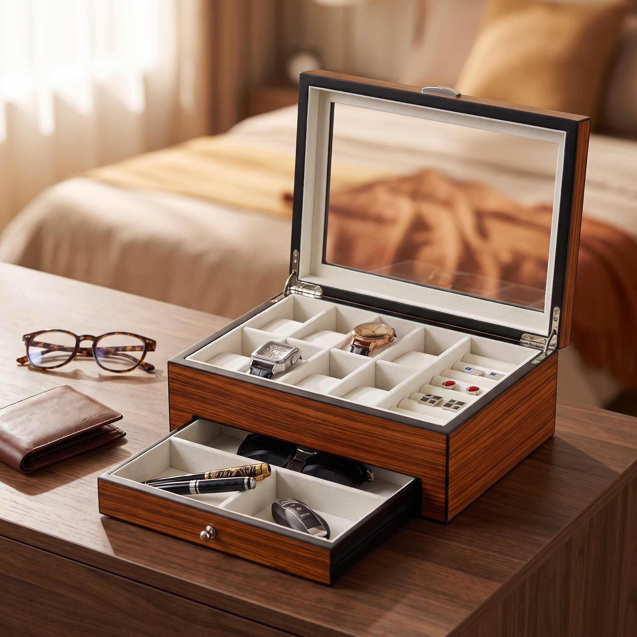 8 Slots Brown Wooden Watch Box with Cufflink Storage and Drawer — lifestyle shot