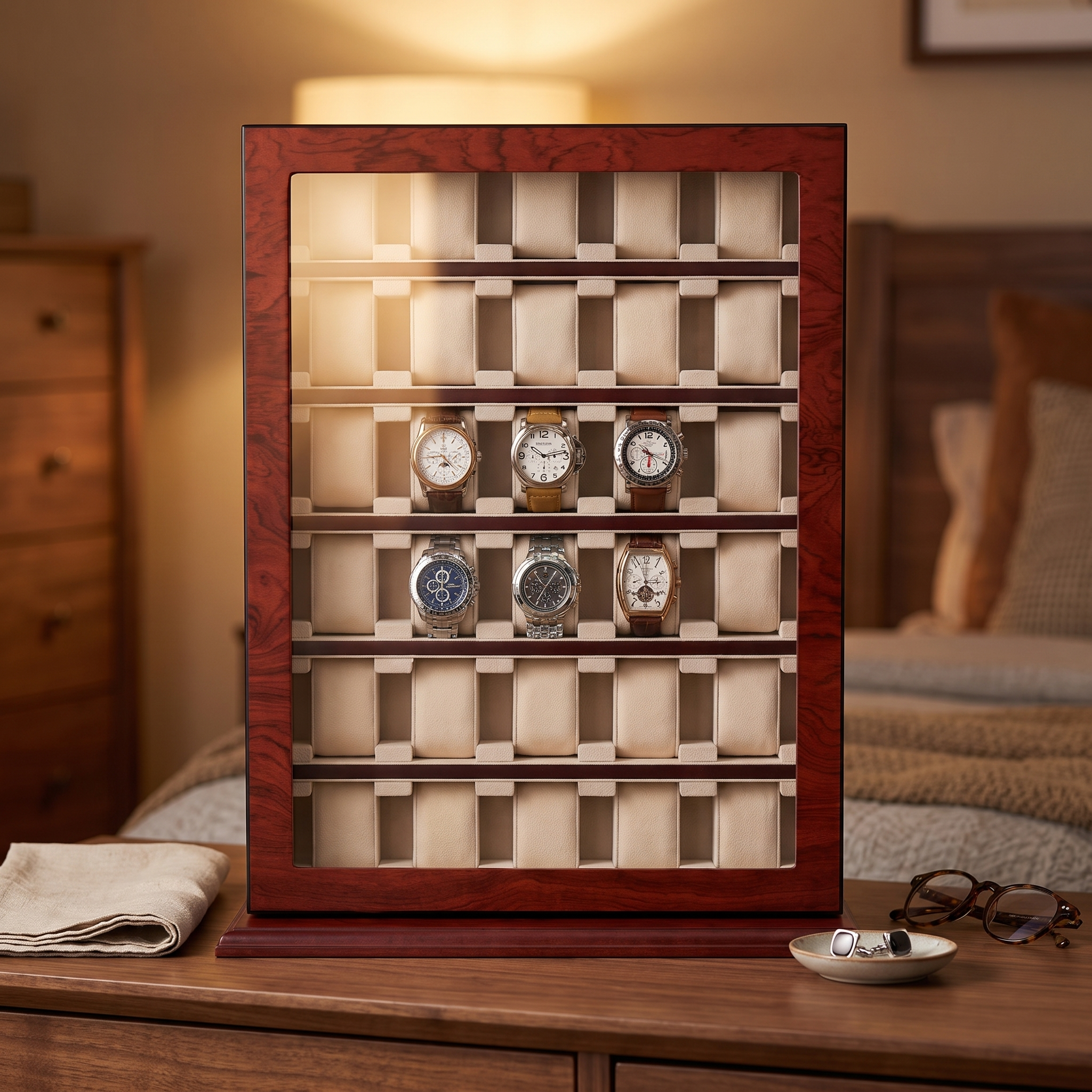 Bubinga Wooden Watch Cabinet for 30 watches — lifestyle shot