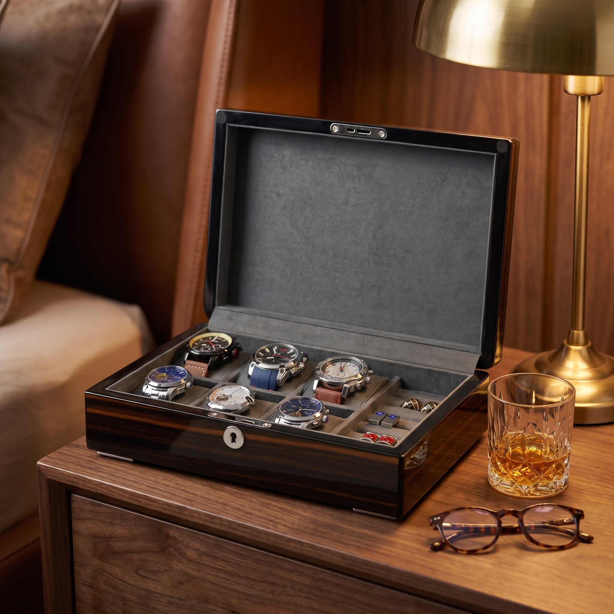 6 Slots Watch Box with Cufflinks Storage and Lock in Wooden Ebony — lifestyle shot