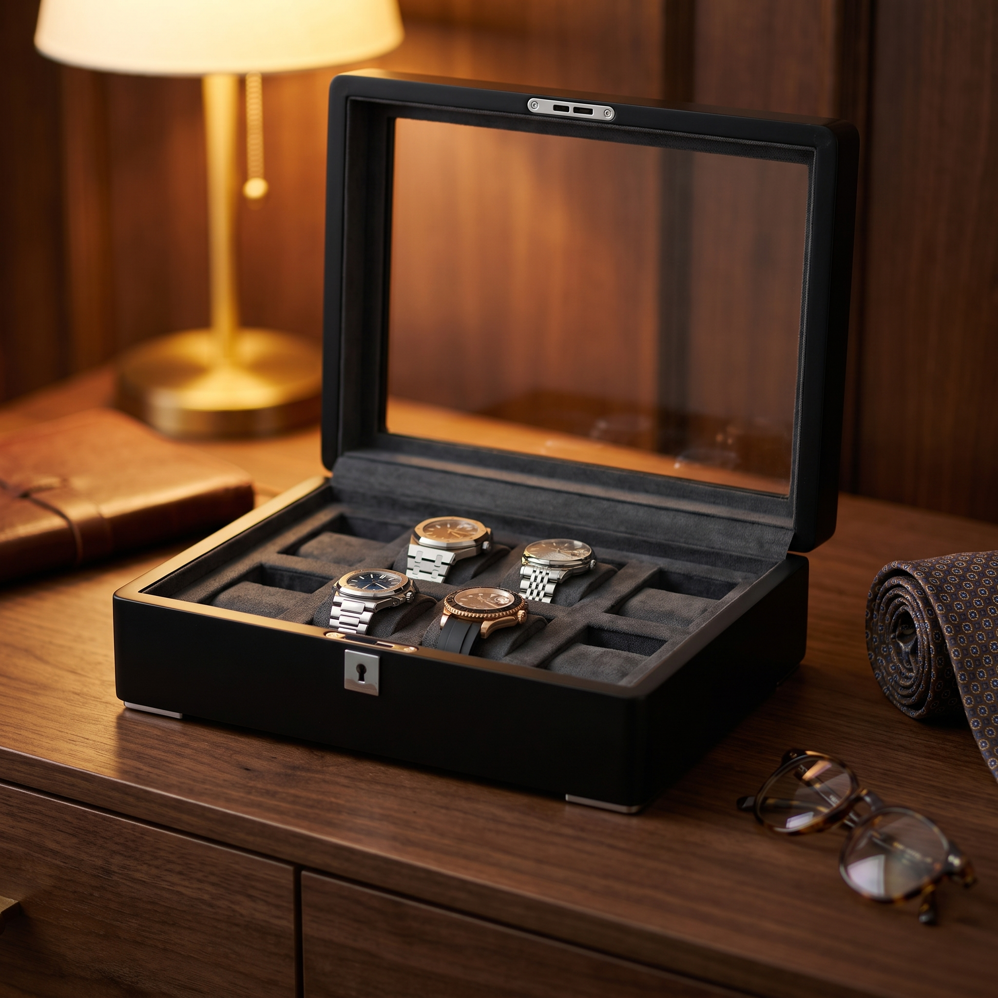 8 Slot Black Wooden Watch Box with Charcoal Interior — lifestyle shot
