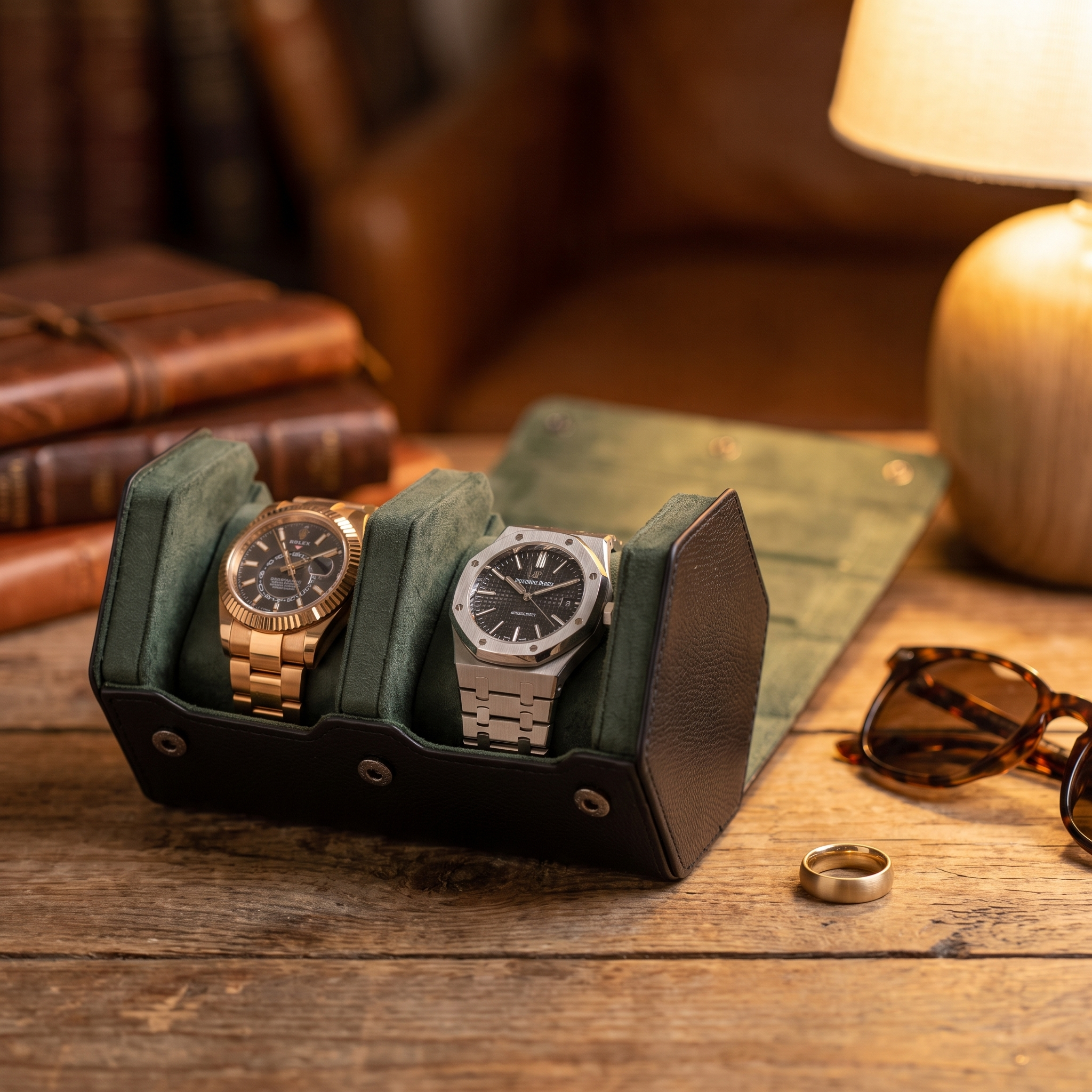 Hex Leather Watch Roll 2 Slots in Black/Green — lifestyle shot
