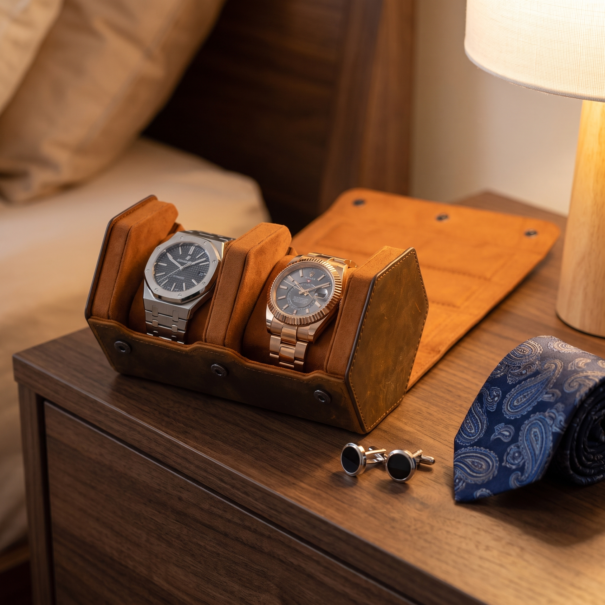 Hex Leather Watch Roll 2 Slots in Saddle Leather/Brown — lifestyle shot
