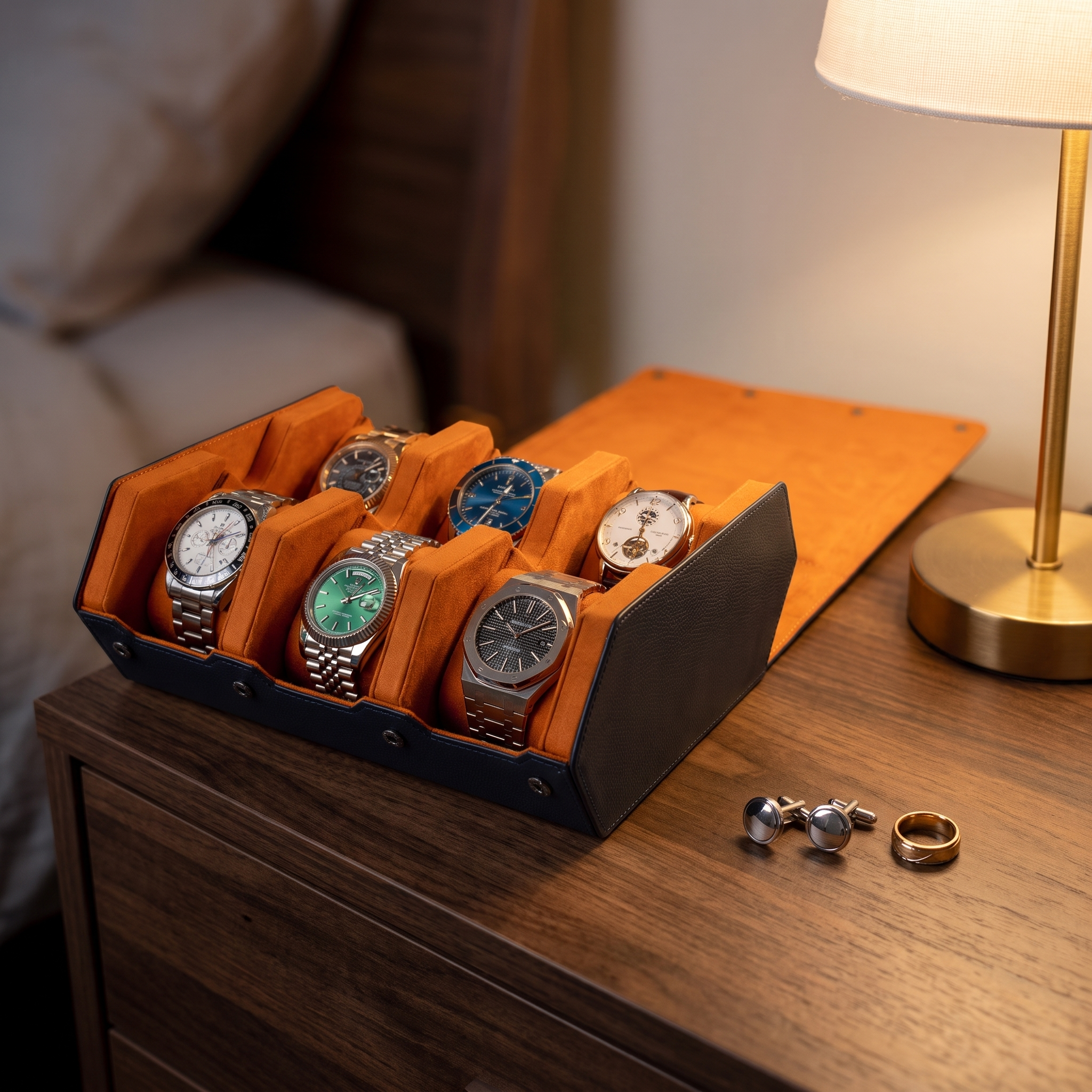 Hex Leather Watch Roll 6 Slots in Navy/Orange — lifestyle shot