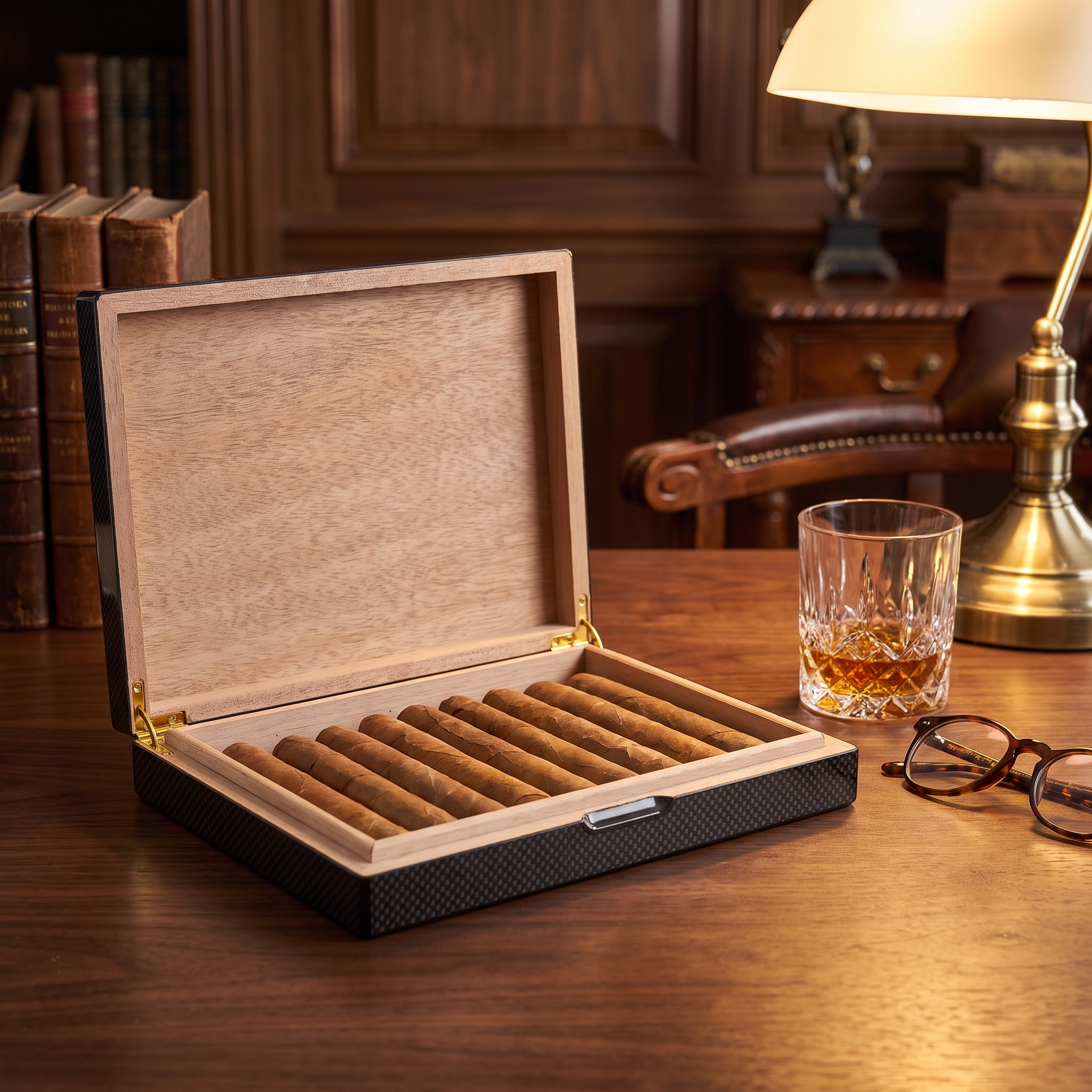 10 CT Carbon Fibre Wooden Humidor — lifestyle shot