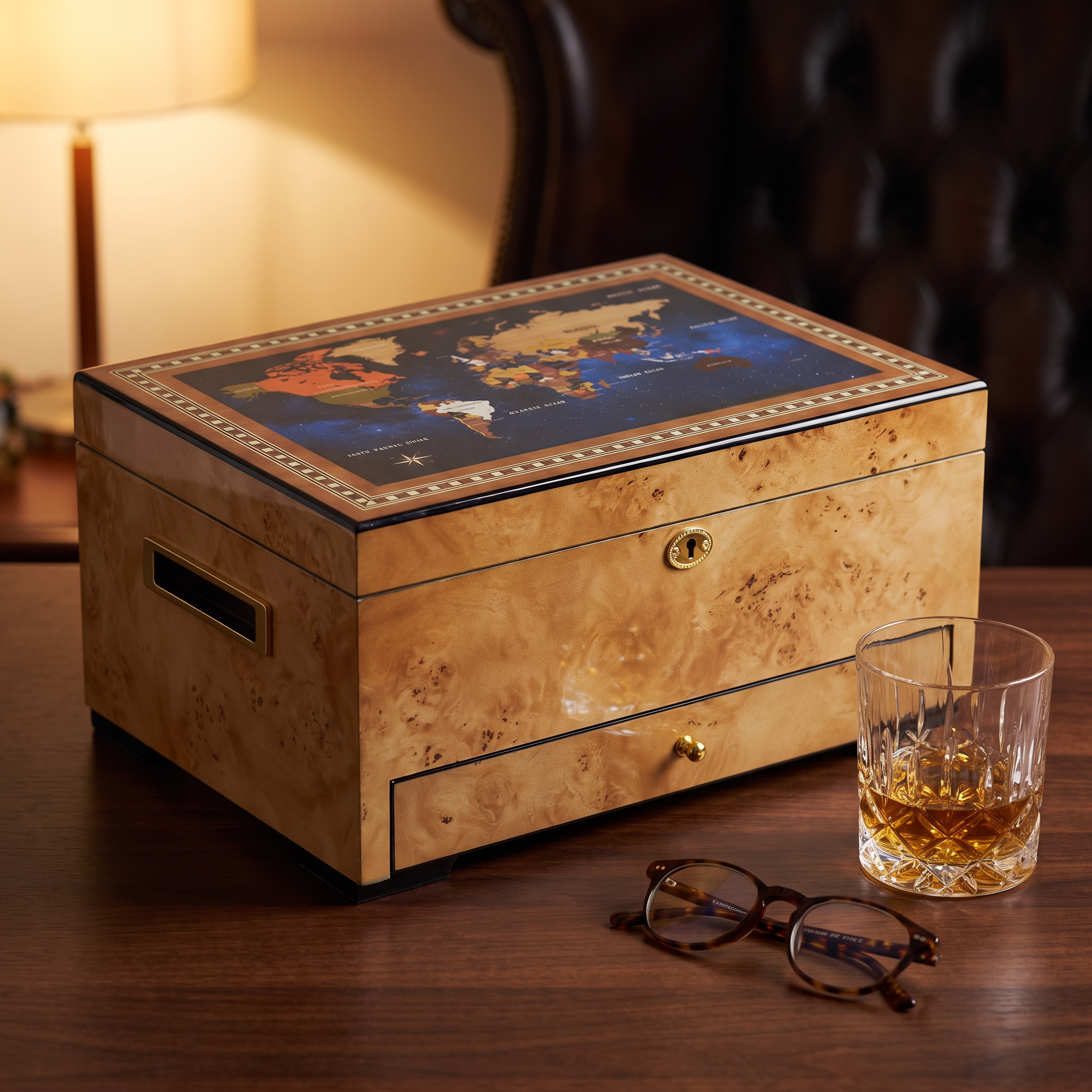 100 CT World Map Burl Cigar Humidor Spanish Cedar Box for Cigars — lifestyle shot