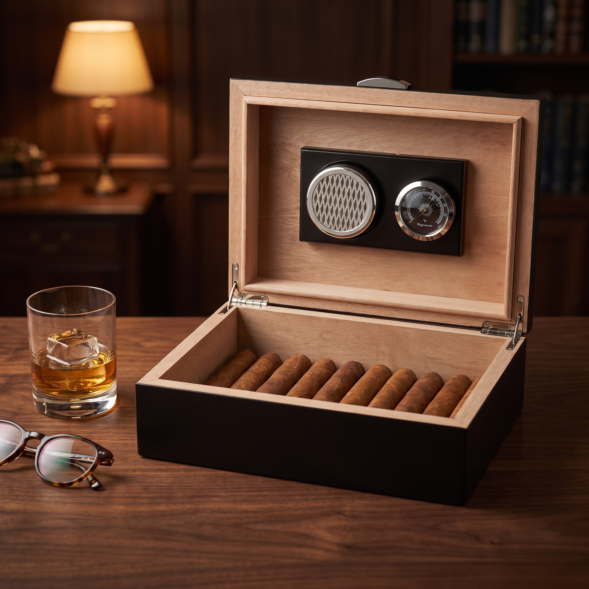 20 CT Black Wooden Cigar Humidor and Ashtray Set — lifestyle shot