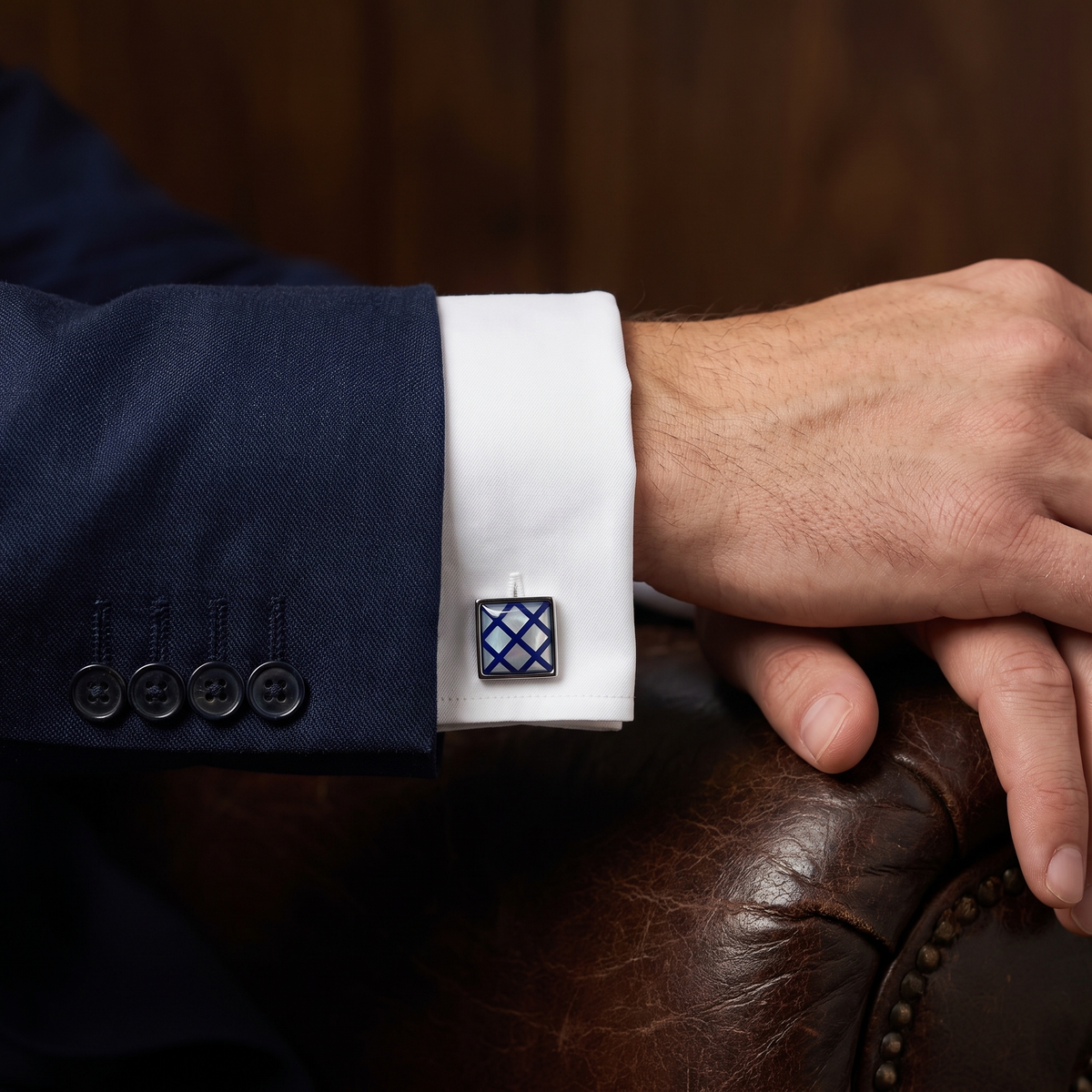 Navy Blue Crisscross on Mother of Pearl Cufflinks — lifestyle shot