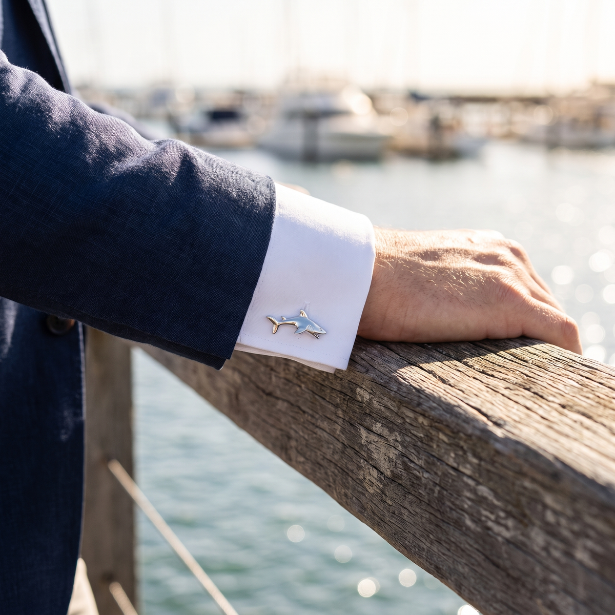 White Pointer Shark Cufflinks — lifestyle shot