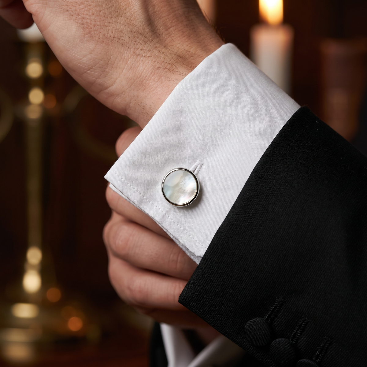 Silver Round Mother of Pearl Cufflinks and Stud Set — lifestyle shot
