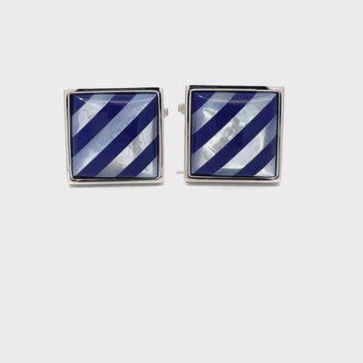 Navy Blue Diagonal Stripes on Mother of Pearl Cufflinks