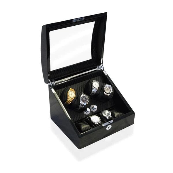 Seconds - Avoca Watch Winder Box 4 + 4 Watches in Black - Carbon Fibre Interior Seconds Clinks 