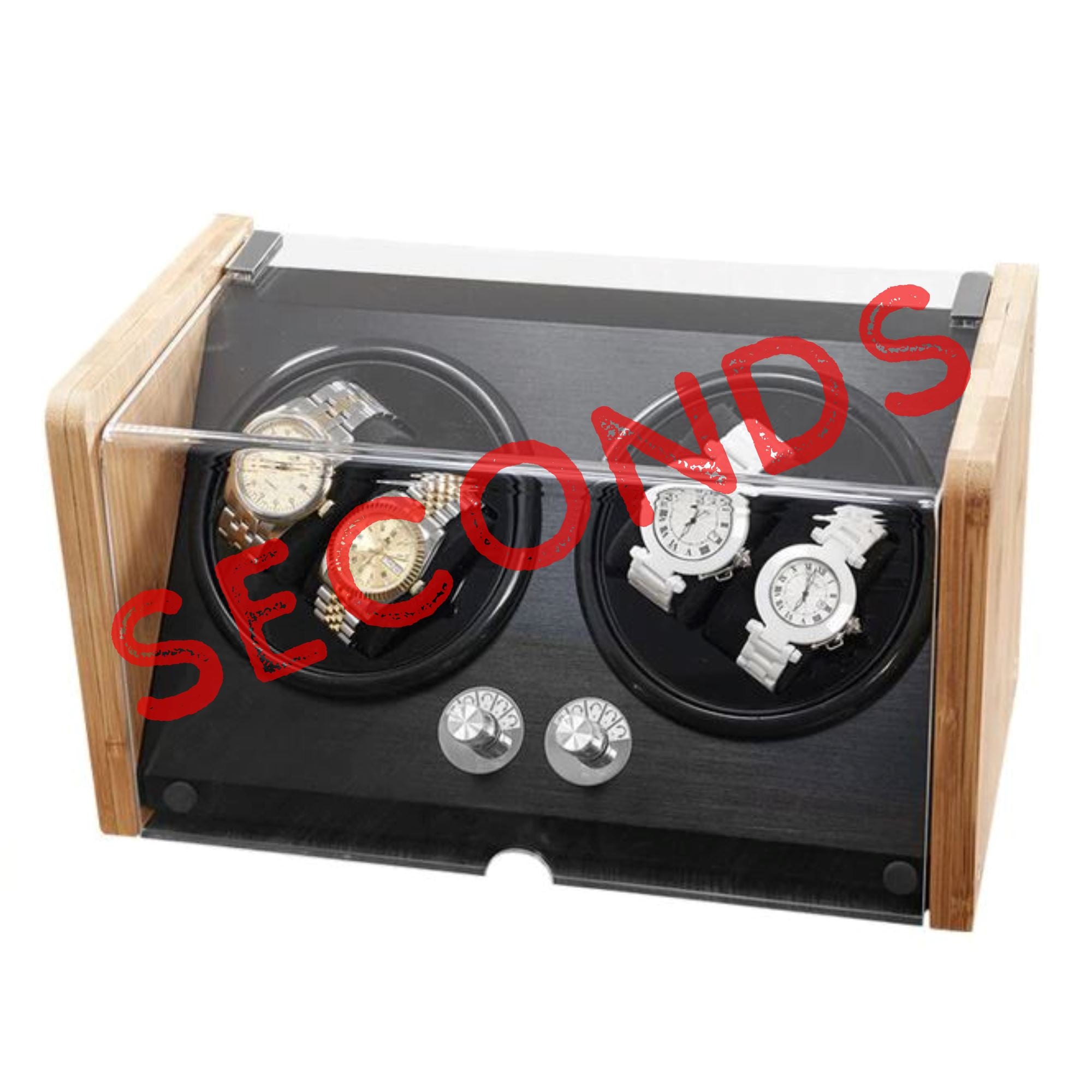 Seconds - BLAQ Bamboo/Black Watch Winder Box for 4 Watches (b) Seconds Clinks 