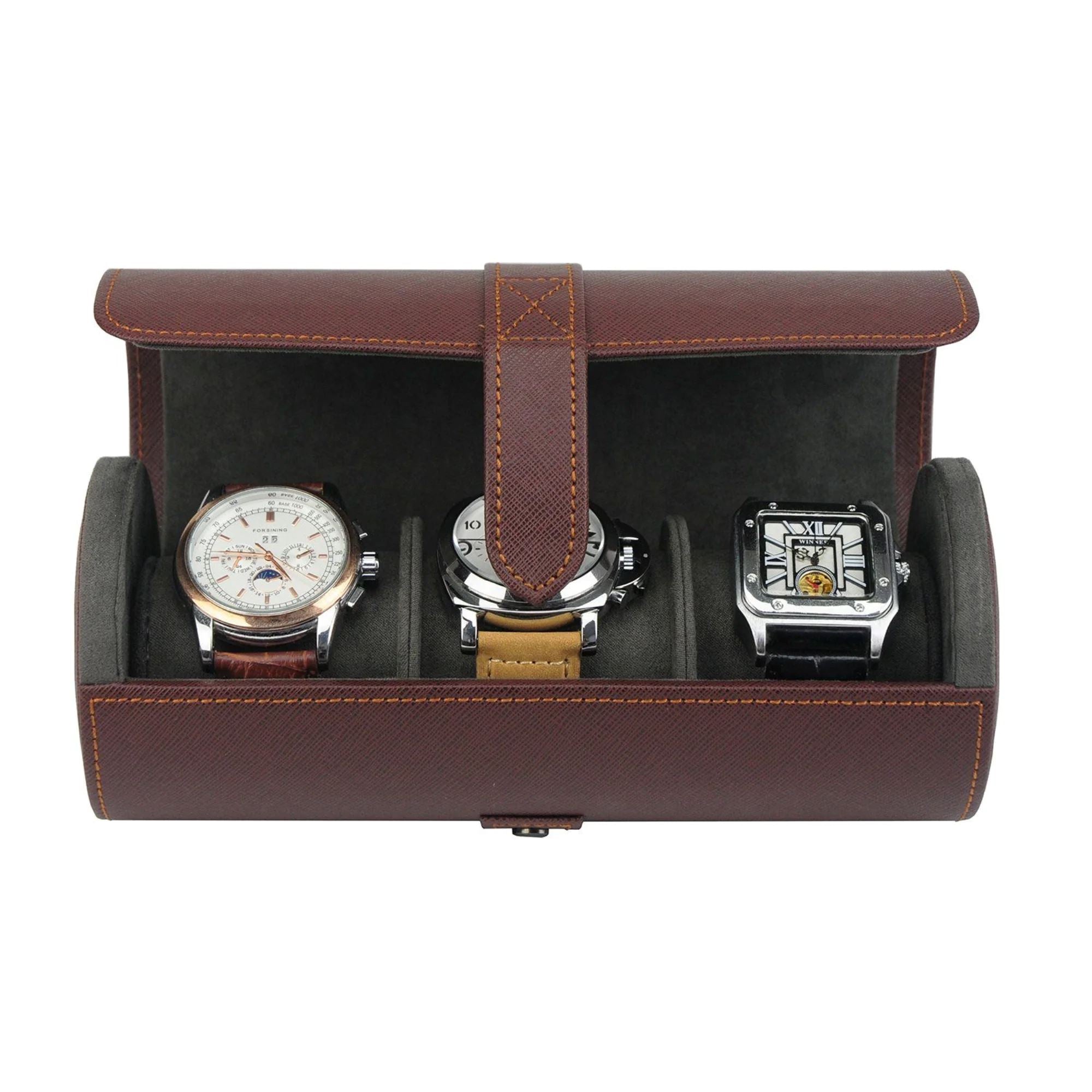 Seconds - Watch Roll Case for 3 in Dark Brown Vegan Leather (b) Seconds Clinks 
