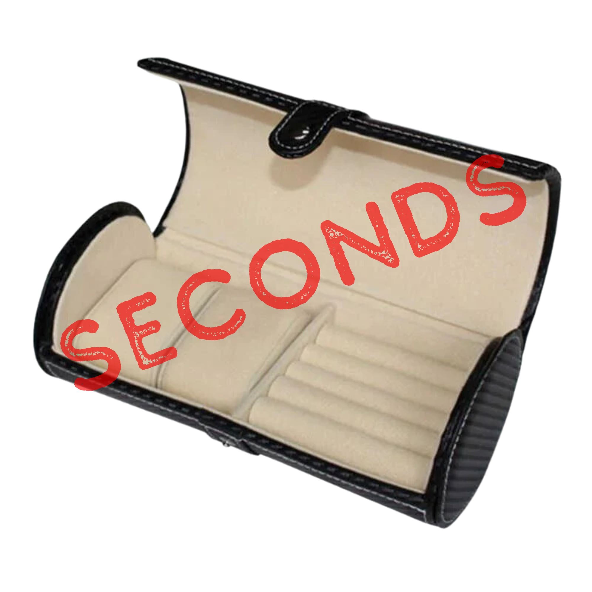 Seconds - Cufflinks and Watch Roll Case in Black Carbon Fibre Vegan Leather Seconds Clinks 