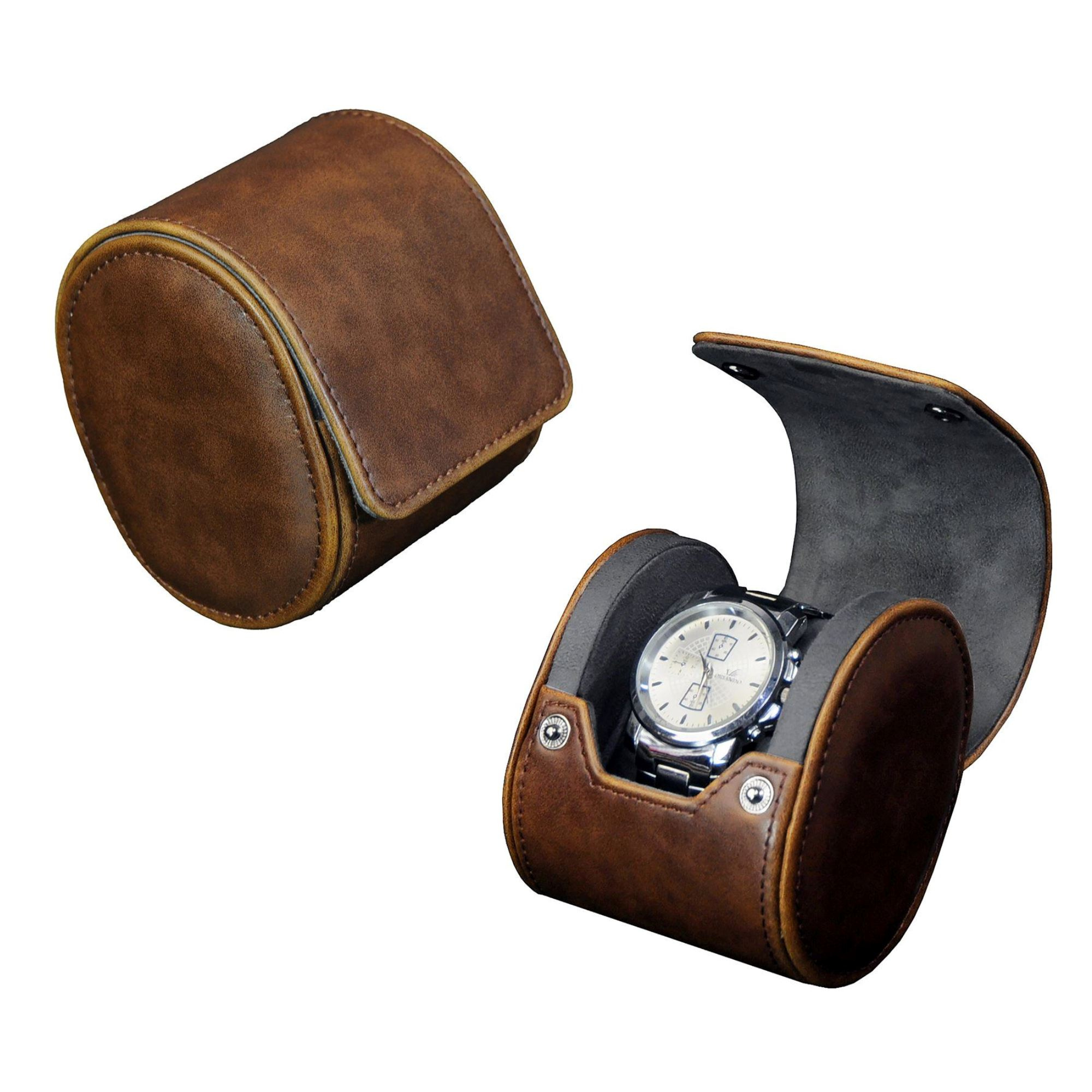 Seconds - Travel Watch Roll Case for 1 in Brown Vegan Leather (a)