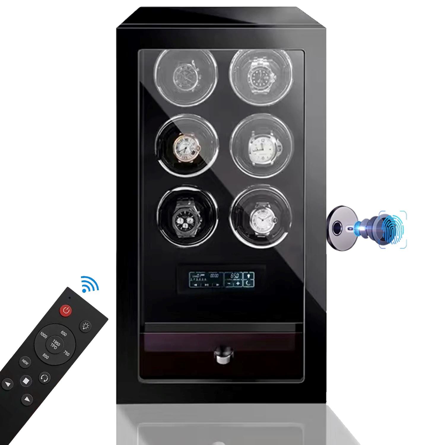 Yarra Watch Winder for 6 Watches + Drawer with Fingerprint Lock Watch Winder Boxes Clinks 