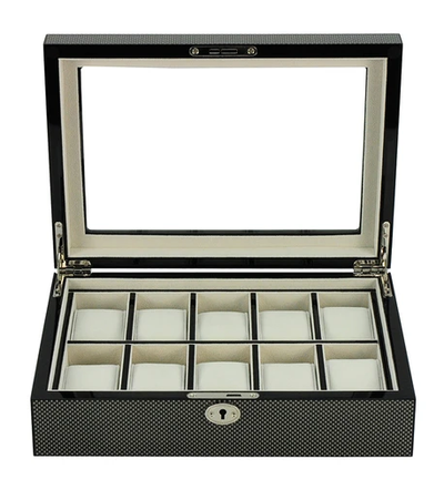 Carbon Fibre Wooden Watch Box, 10 Watch Box, Cuffed Watch Box, Clinks Australia Watch Box, Carbon Fibre Watch Boxes on Cuffed, Australia Watch Box, Watch Storage Box, Watch Display Box, 10 Slots Watch Box, Watch Boxes for 10, Wooden Watch Box, Carbon Fibre, Watch Boxes, CB5055, Clinks.com