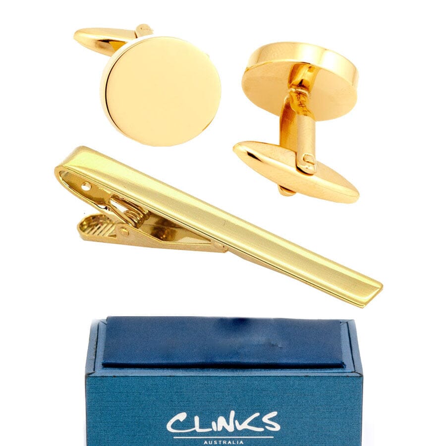 Round Chunky Gold Cufflinks & Tie Clip Set Gift Set Clinks Australia Default 