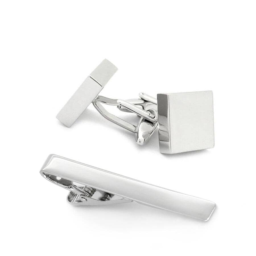 Silver Square Engravable Cufflinks & Tie Clip Set Gift Set Clinks Australia Default 