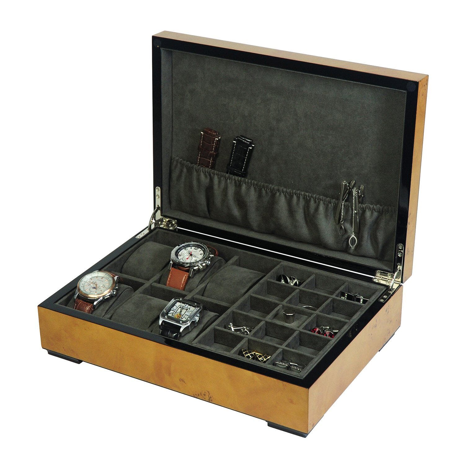 World Map Burl Wooden Watch Box for 6 Watches + Jewellery Watch Boxes Clinks 
