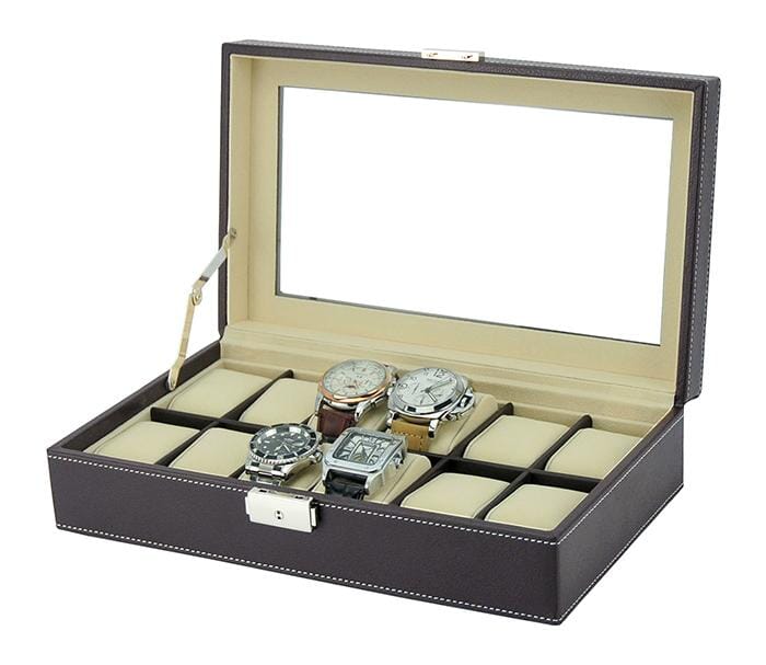 Dark Brown Leather Watch Box for 12 Watches Watch Boxes Clinks 