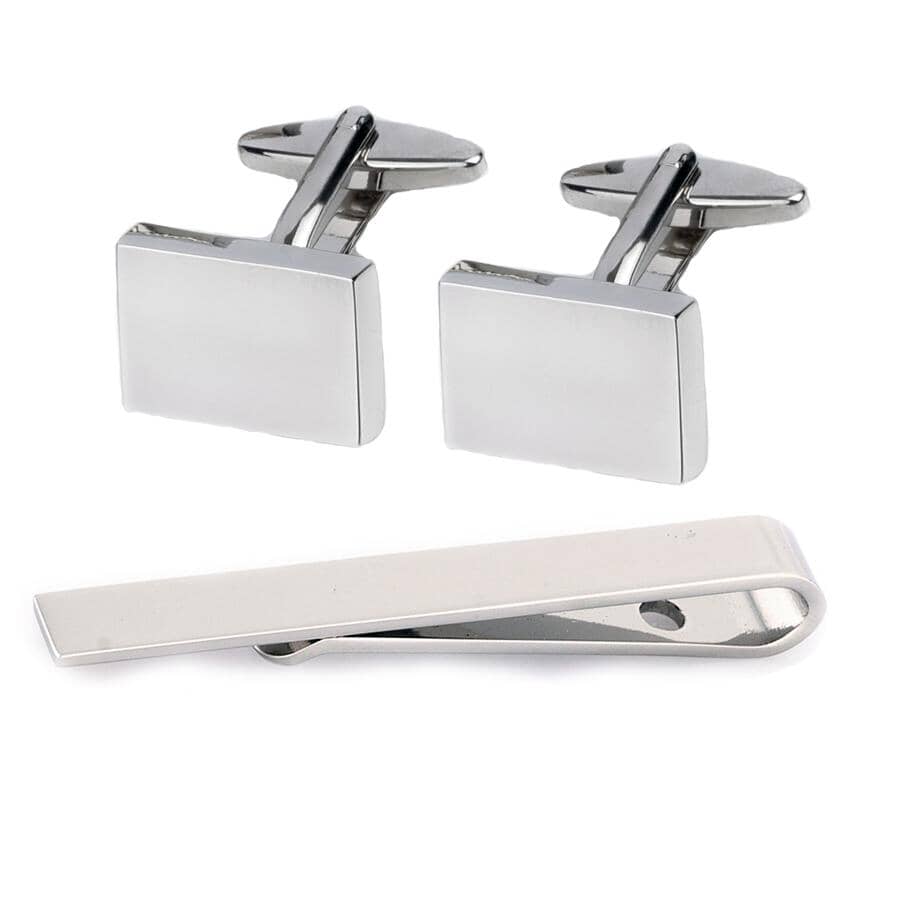 Silver Rectangle Cufflinks & Tie Bar Set Gift Set Cuffed.com.au Default 
