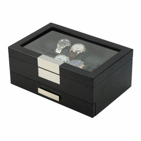 Black Wooden Watch Box, 10 Watch Box, Cuffed Watch Box, Clinks Australia Watch Box, Black Watch Boxes on Cuffed, Australia Watch Box, Watch Storage Box, Watch Display Box, 10 Slots Watch Boxes, Watch Boxes for 10, Wooden Watch Box, Black, Wooden, Watch Boxes with Drawer, Storage Boxes, CB5007, Clinks.com
