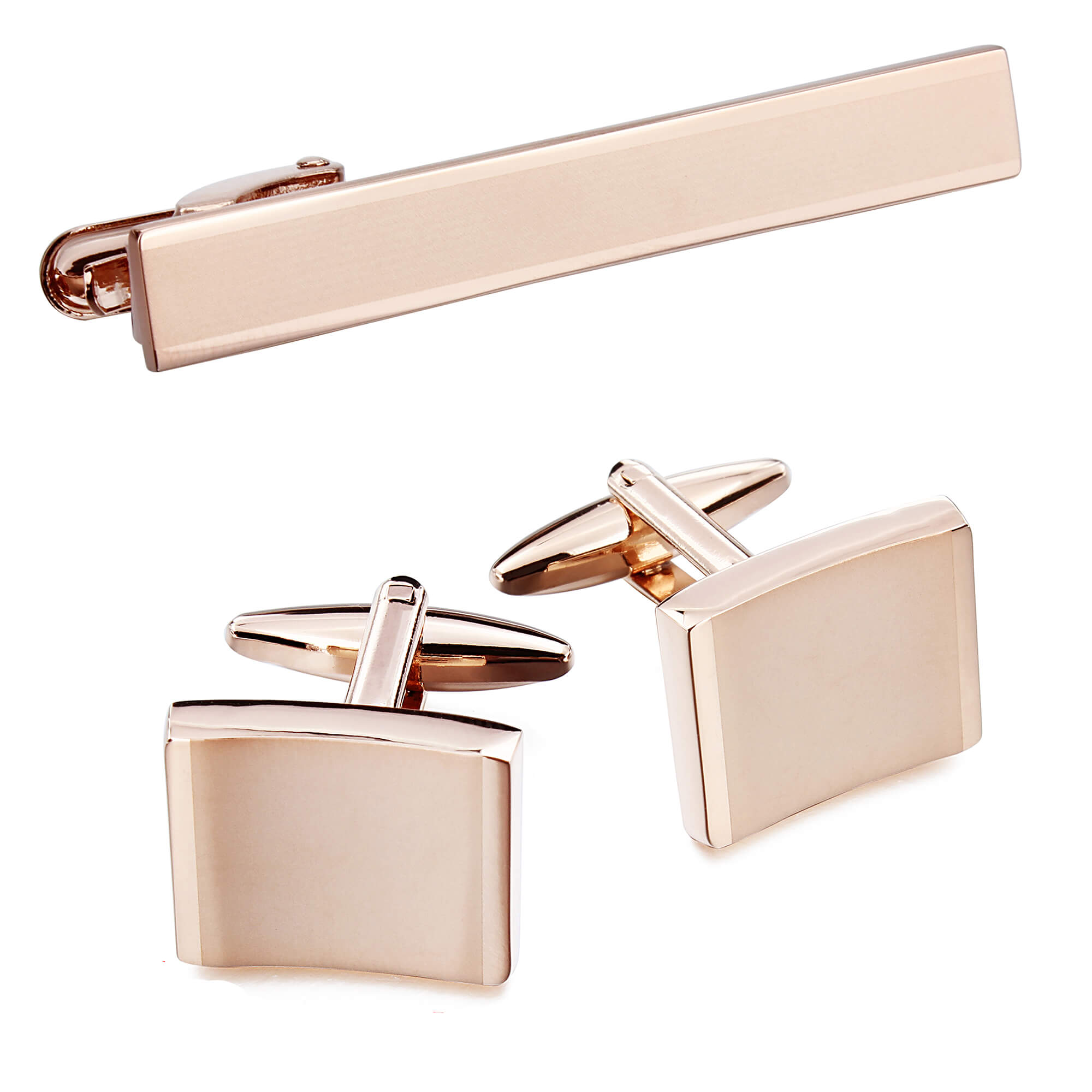 Beveled Rose Gold Cufflink & Tie Clip Set