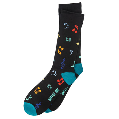 Soul Song Music Notes Bamboo Socks by Dapper Roo, Song Music Notes Socks, Dapper Roo, Socks, Black, Teal, Multi, Bmaboo, Elastane, Nylon, Elastic, SK2029, Men's Socks, Socks for Men, Clinks.com