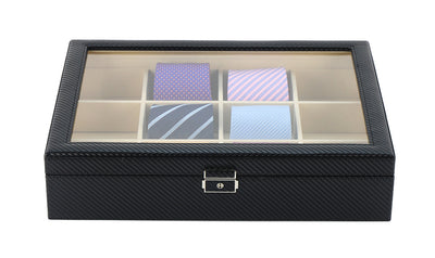 Carbon Fibre Leather Tie Box for 12, Tie Storage Box, Storage Boxes, CB5019, Cuffed, Clinks, Clinks Australia